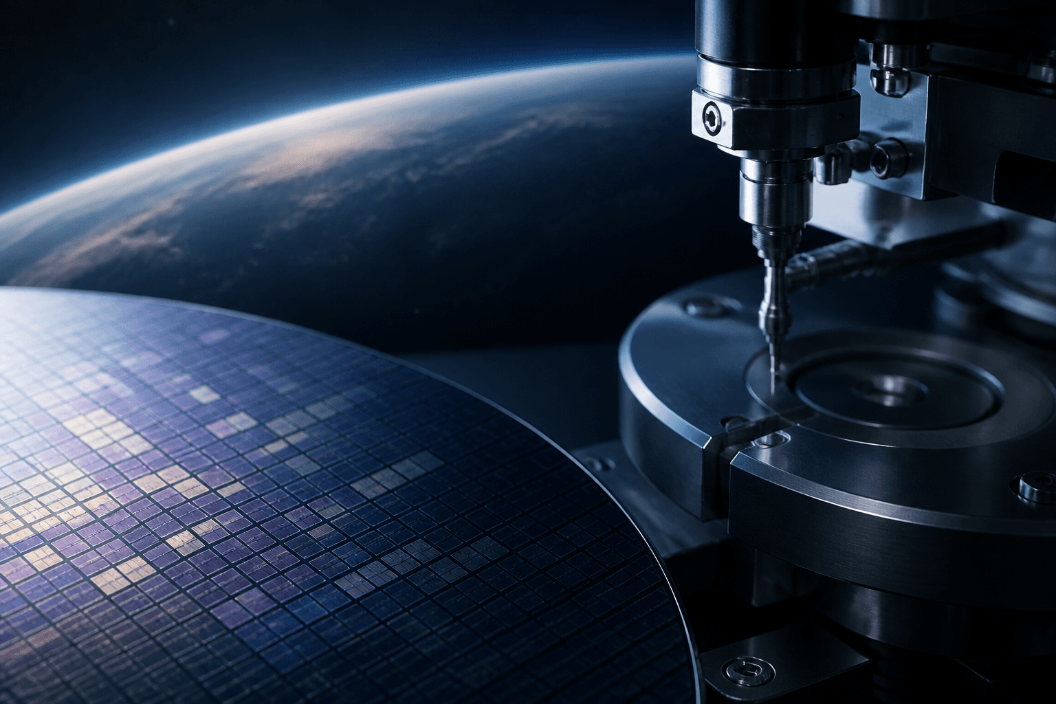 Composite visual of computing, precision engineering, and orbit