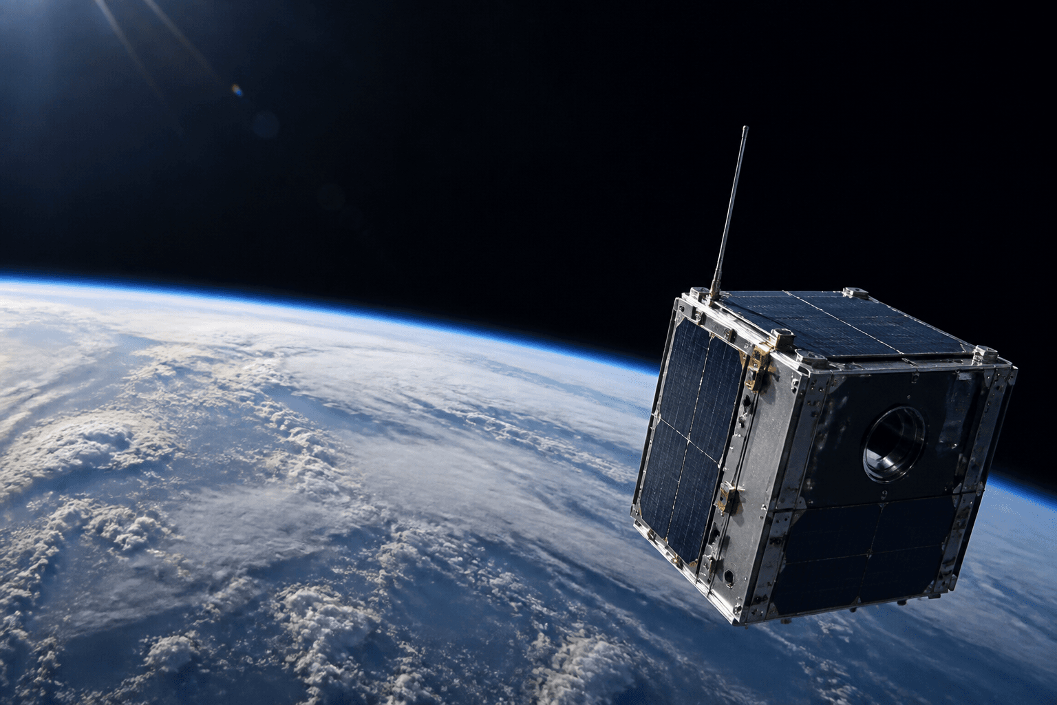 Earth from orbit with a precision instrument in the foreground